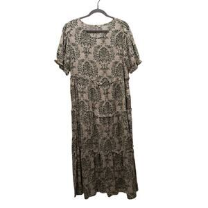 Unbranded Womens 2XL Green Damask Tiered Midi Dress Cottagecore